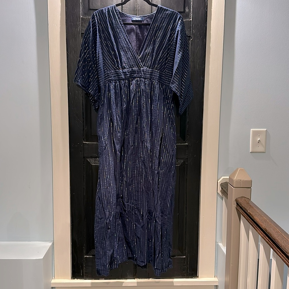 Navy blue and sparkly silver pinstriped cotton full length dress